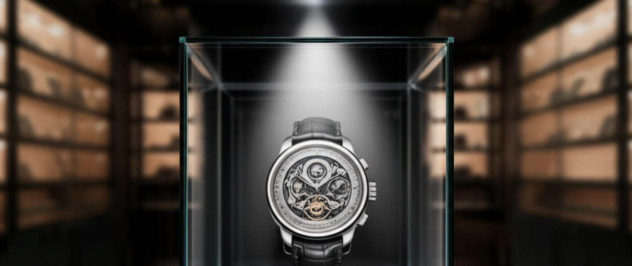 Orologio di lusso iperrealistico esposto in una teca di vetro in un caveau, con dettagli che evidenziano il suo valore e l'esclusività.