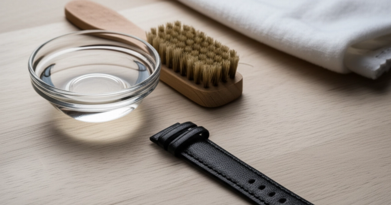 Composizione iperrealistica di un cinturino in pelle nera, una ciotola con liquido detergente, una spazzola e un panno su una superficie di legno chiara.