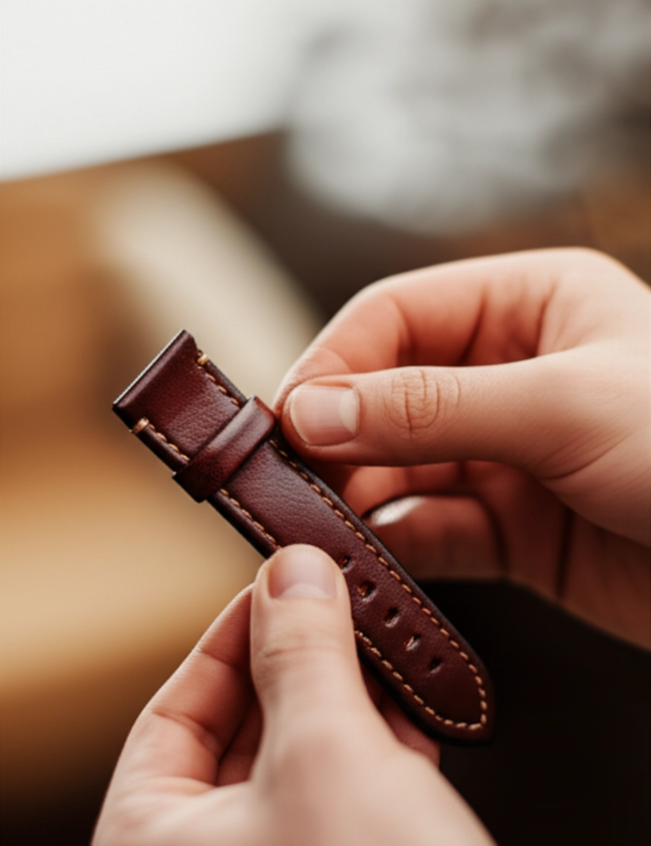 Mani caucasiche tengono e ammirano un cinturino di orologio in pelle marrone scuro appena pulito, che appare lucido e ben condizionato.