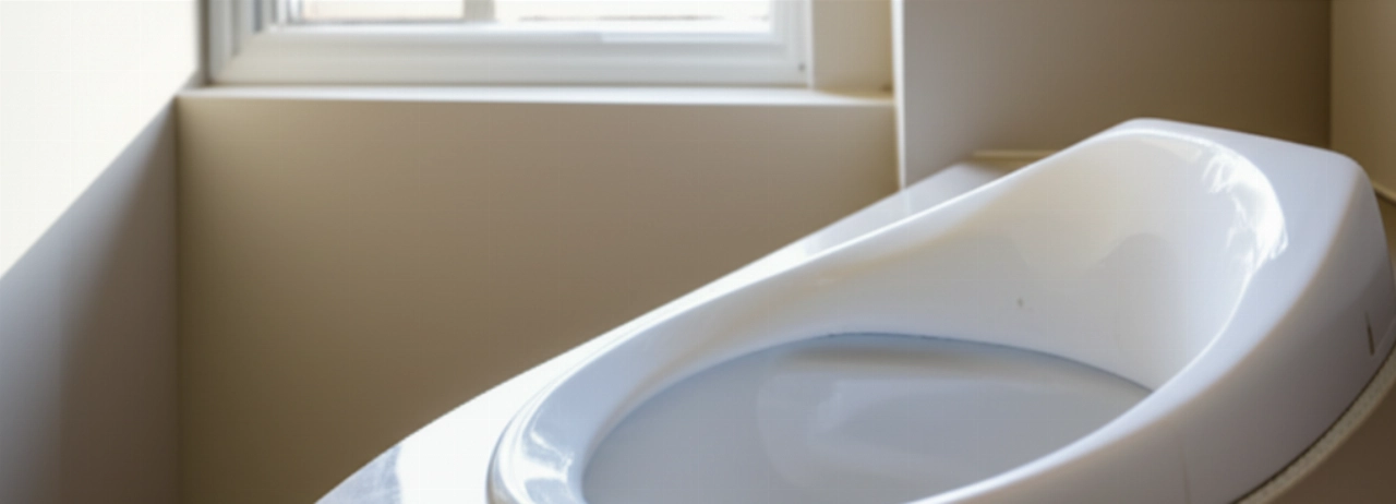 Una lunetta in ceramica bianca immacolata e lucida in un bagno moderno, che riflette la luce naturale.