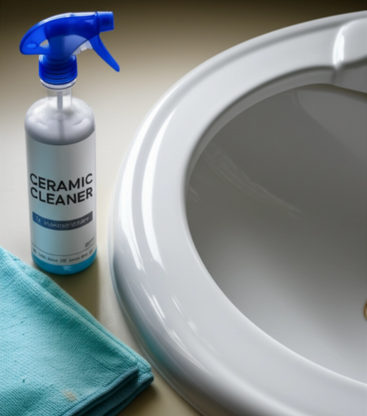 Prodotti specifici per la pulizia e un panno in microfibra accanto a una lunetta in ceramica parzialmente pulita su un ripiano.