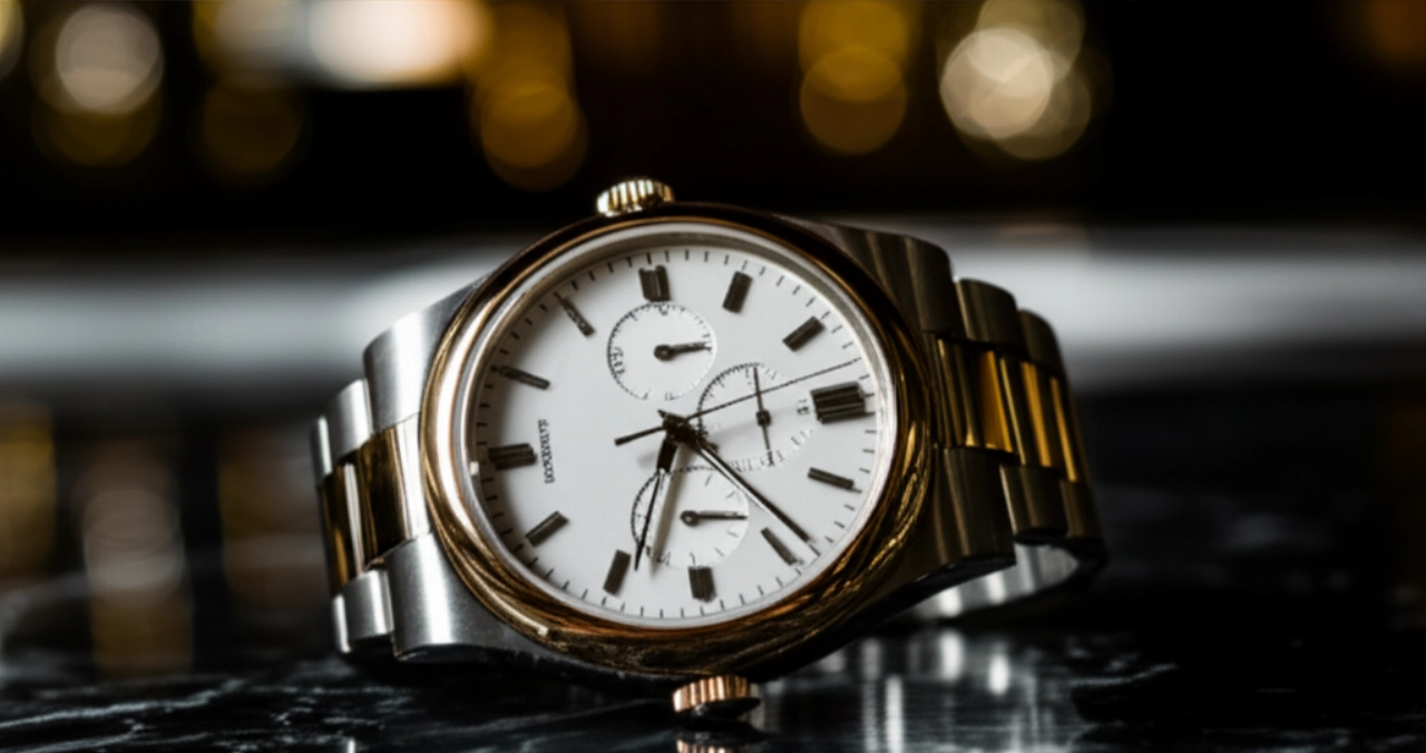 Orologio di lusso perfettamente pulito e scintillante, adagiato su una superficie di marmo lucido, che riflette la luce e mostra la sua brillantezza.