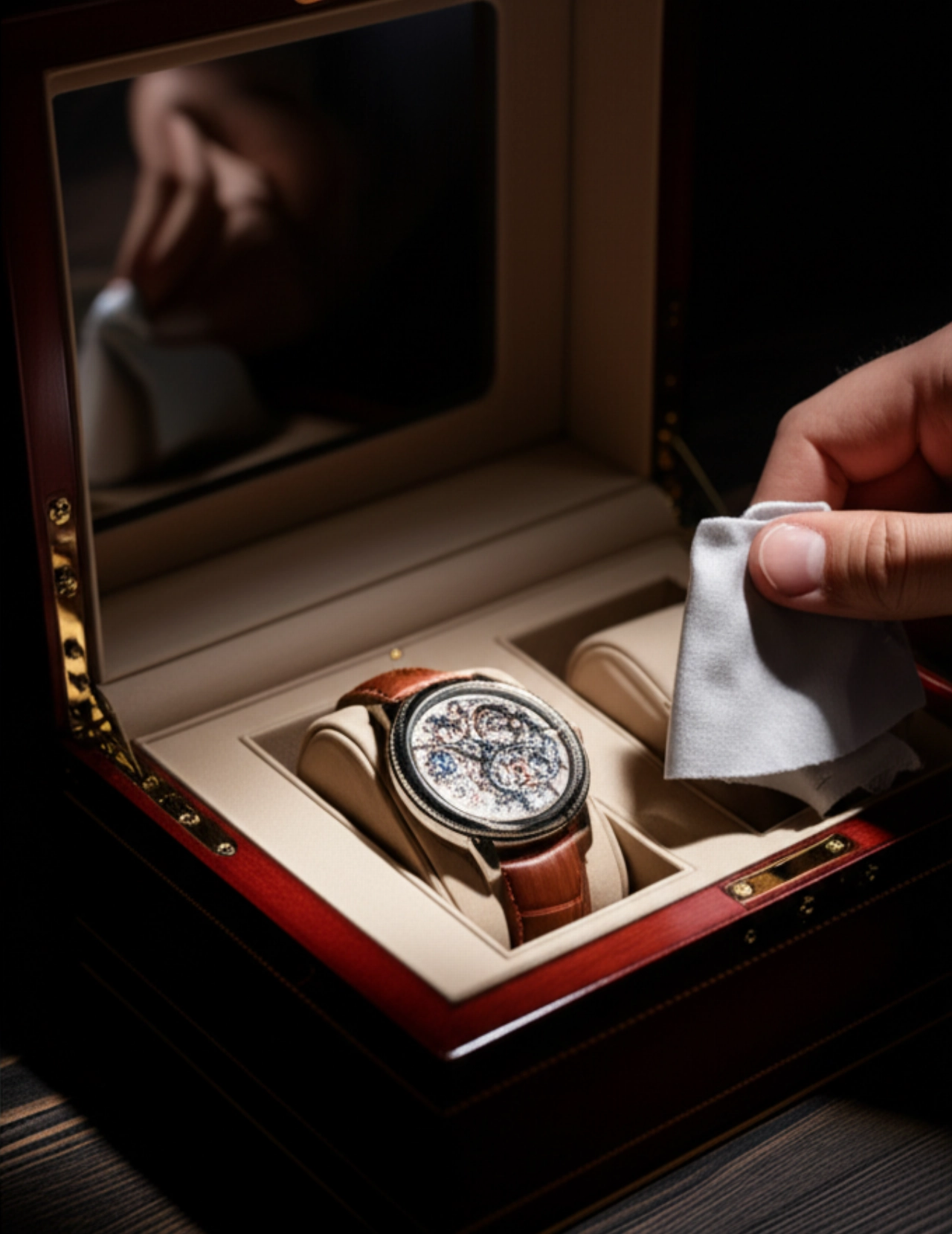 Scena iperrealistica di un orologio di lusso in una scatola aperta, con mani caucasiche che si preparano a dare gli ultimi ritocchi di pulizia, enfatizzando l'eleganza e la cura.