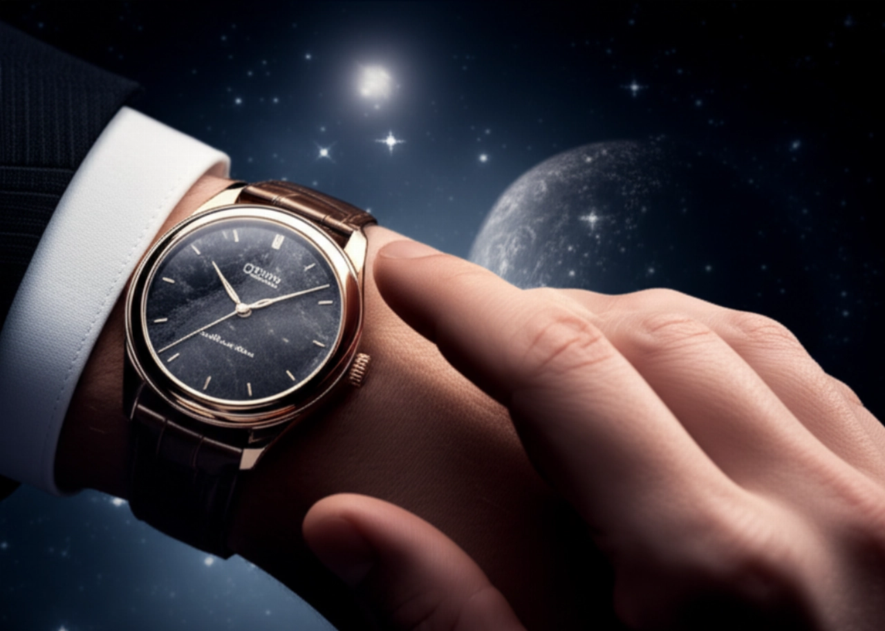Un'elegante mano caucasica sfiora un orologio di lusso con quadrante in meteorite, sullo sfondo di una suggestiva nebulosa cosmica.