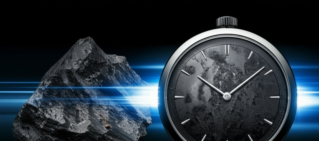 Composizione iperrealistica di un frammento di meteorite grezzo accanto a un quadrante di orologio di lusso lucidato, con striature di luce eteree che simboleggiano la loro trasformazione.