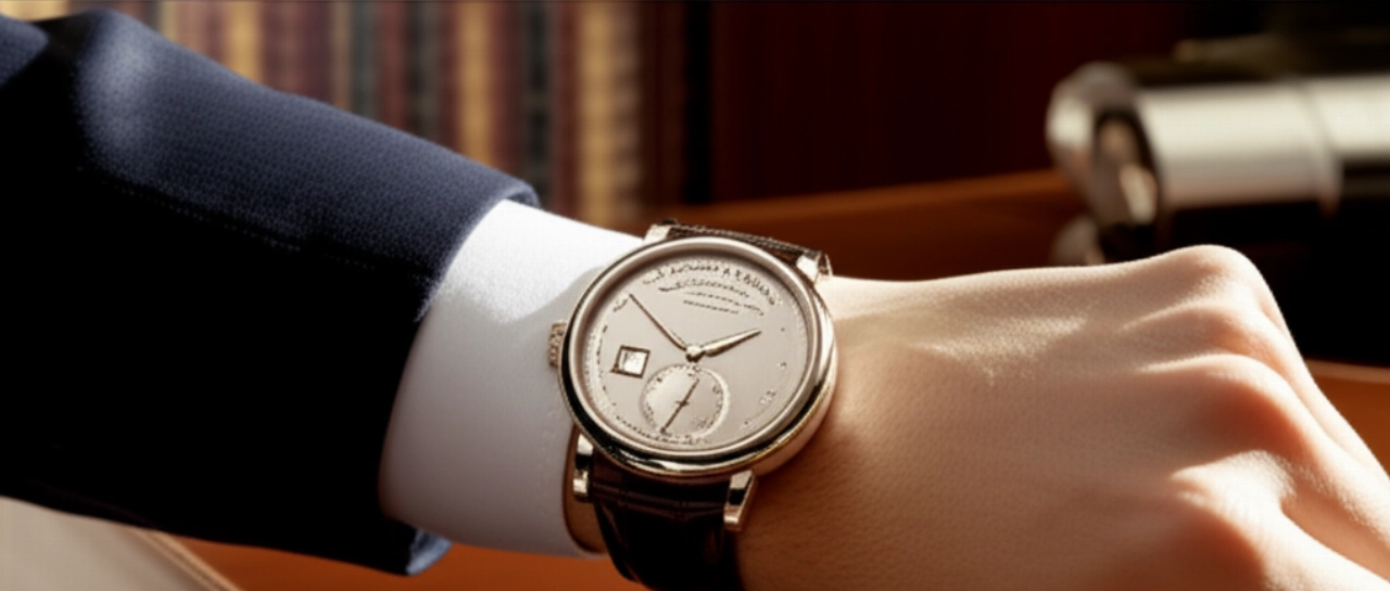 Vista iperrealistica di un orologio A. Lange & Söhne Lange 1 al polso di un uomo caucasico, in un ambiente di studio elegante con luce naturale.