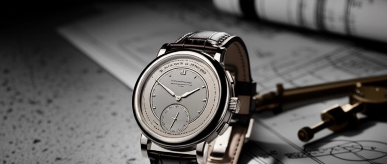 Natura morta iperrealistica di un orologio A. Lange & Söhne Lange 1 su una superficie di cemento, con elementi che richiamano la precisione e l'ingegneria.