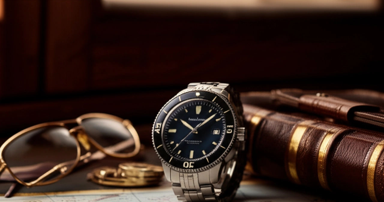 Orologio Blancpain Fifty Fathoms posato su una scrivania di legno antico con un diario e una carta nautica, illuminato da una luce calda e soffusa.