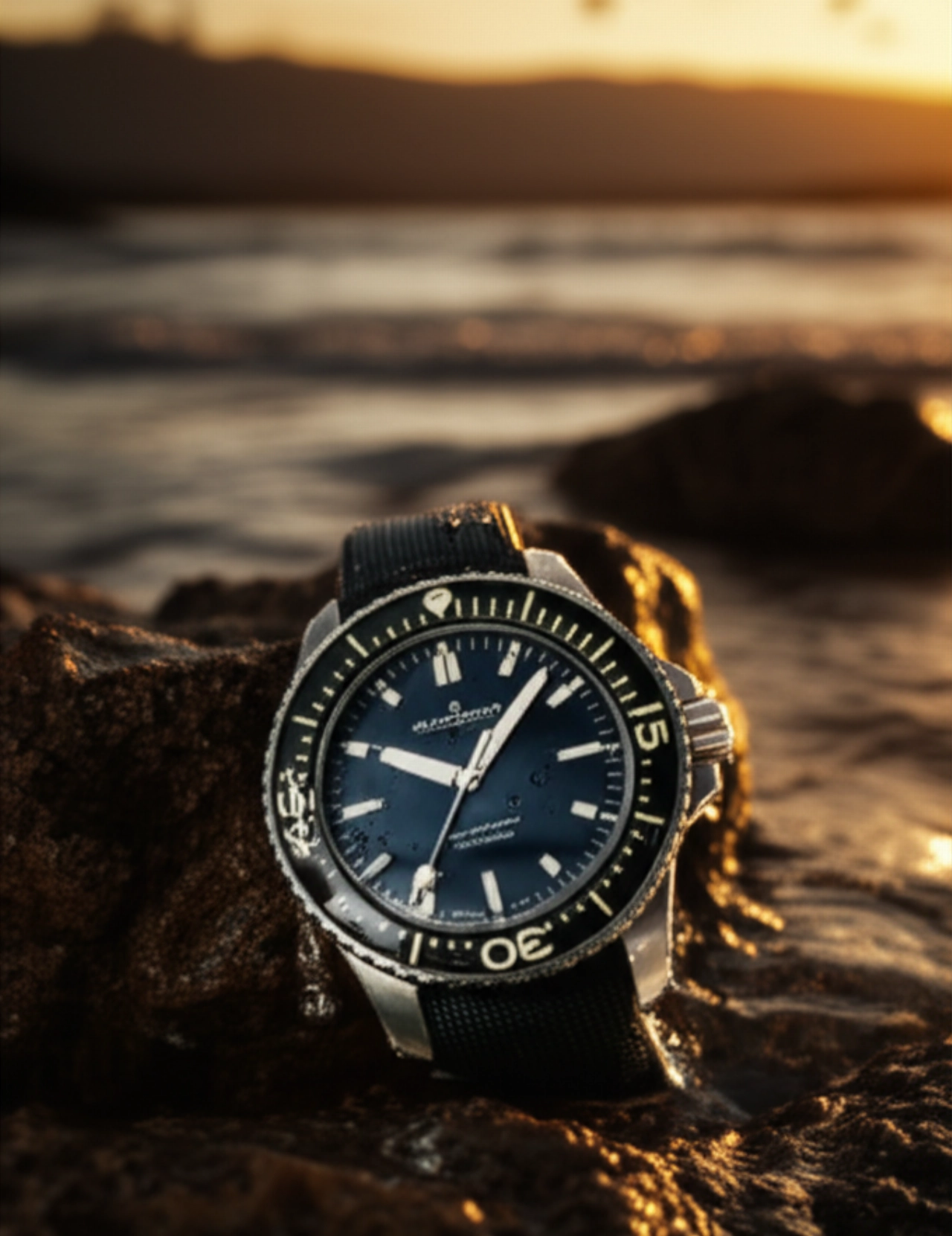 Scatto iperrealistico di un orologio Blancpain Fifty Fathoms parzialmente immerso in acqua su una roccia bagnata al tramonto, con goccioline d'acqua e riflessi dorati.