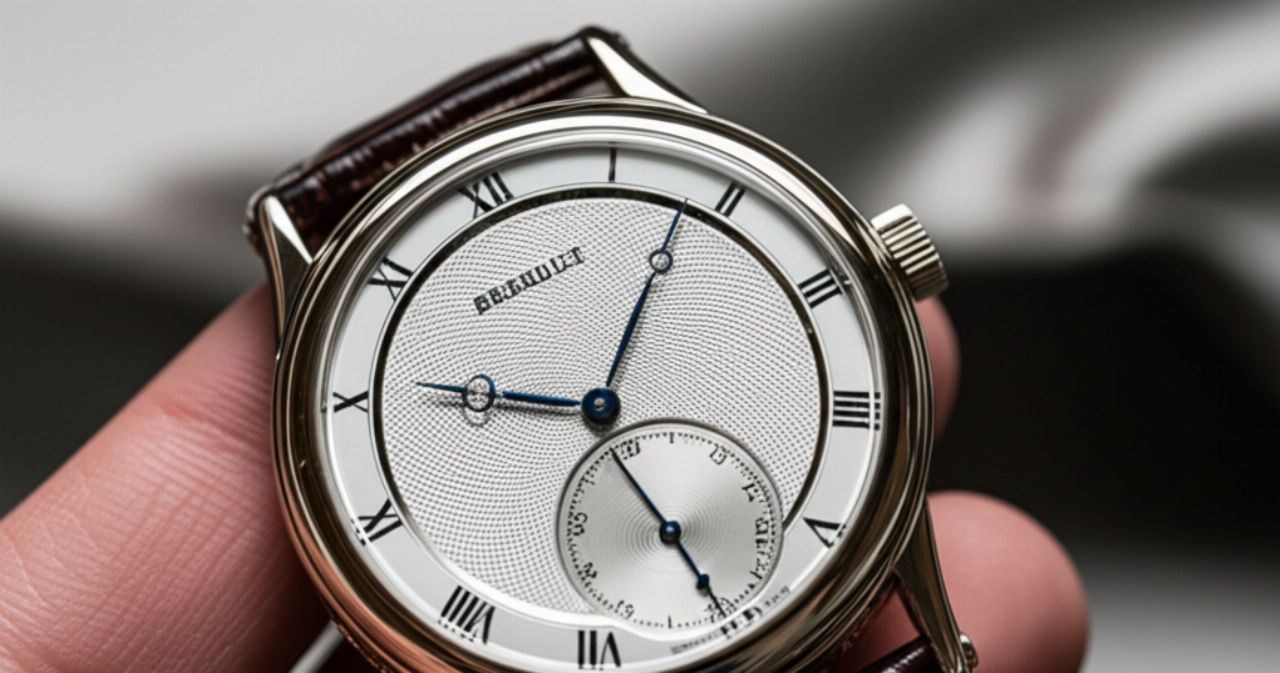 Primo piano iperrealistico di un orologio Breguet Classique, tenuto delicatamente tra le dita di una mano caucasica. Il quadrante dettagliato e le lancette blu sono il fulcro dell'immagine.