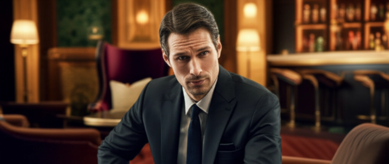 Ritratto iperrealistico di un uomo caucasico elegante, seduto in un lounge di lusso, con un orologio Breguet Classique ben visibile al polso. L'ambiente è raffinato e la luce soffusa.