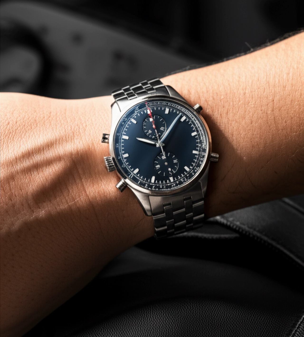 Polso di un uomo caucasico che indossa un orologio cronografo da pilota di lusso, con dettagli visibili del quadrante e del bracciale in acciaio, mentre la sua mano poggia su una consolle di controllo in una cabina di pilotaggio, con luce naturale e sfond