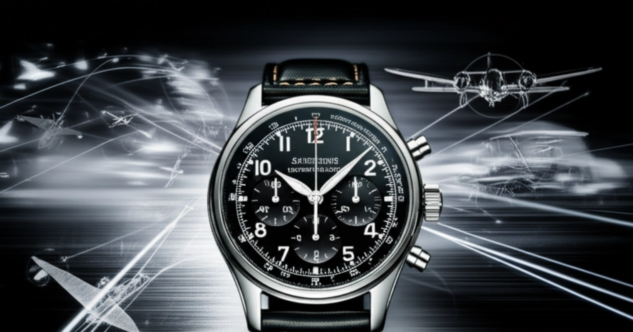 Composizione artistica iperrealistica di un orologio cronografo da pilota di lusso, posizionato su una superficie scura e riflettente, affiancato da elementi astratti che richiamano l'aviazione e la navigazione, con illuminazione drammatica e ad alto cont