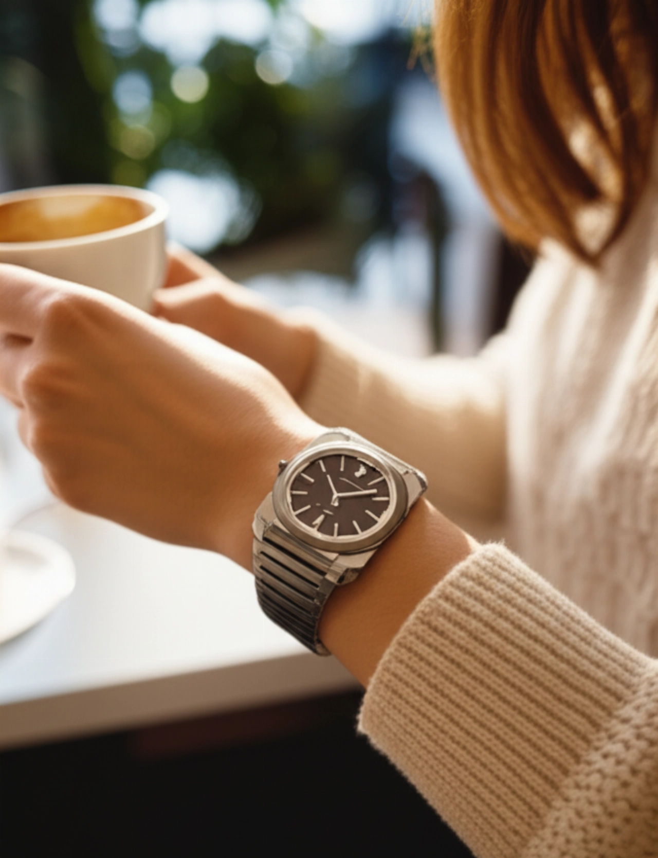 Orologio Bulgari Octo Finissimo Automatic al polso di una donna caucasica in un caffè moderno e illuminato dal sole.