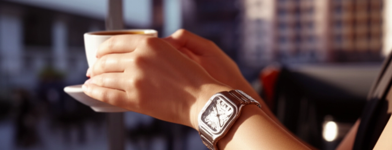 Scatto iperrealistico di una donna che indossa un orologio Cartier Santos mentre tiene una tazza di caffè in un elegante caffè illuminato dal sole.