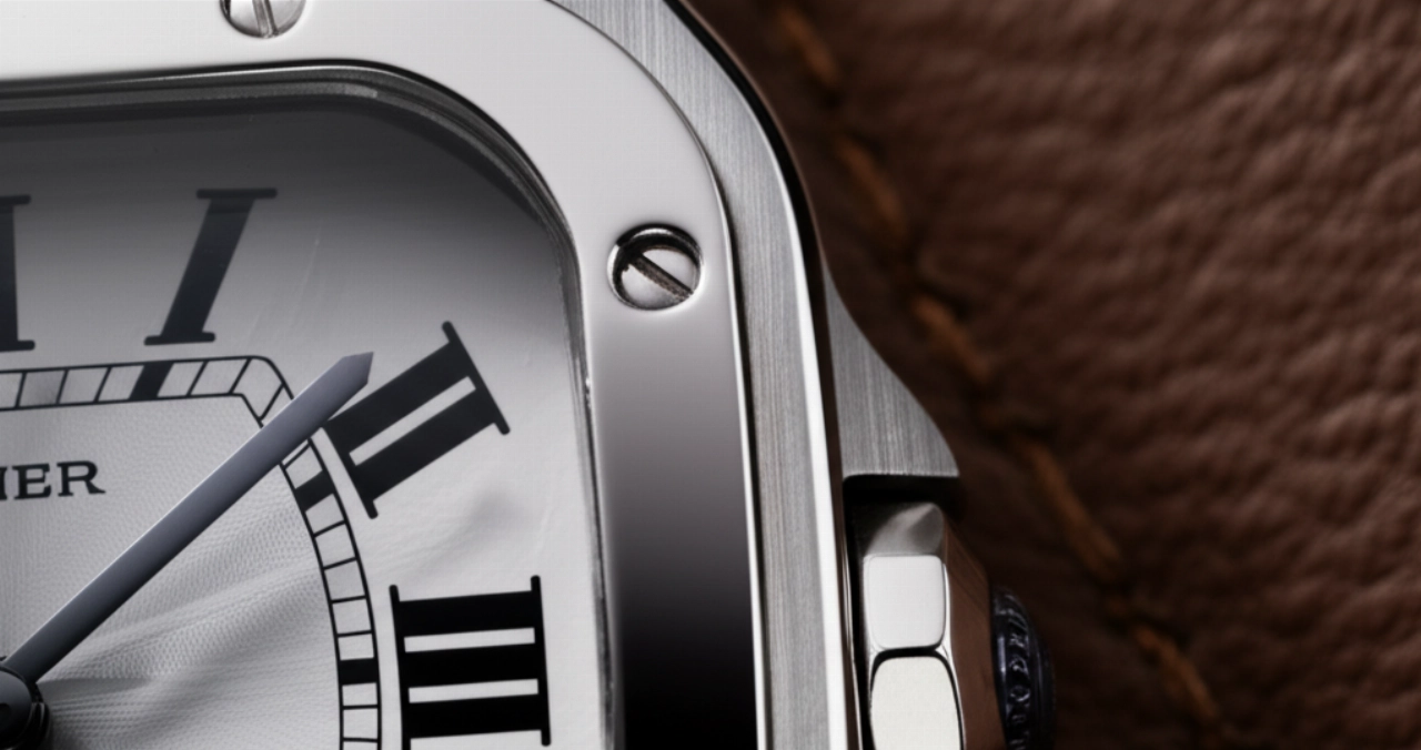 Dettaglio macro iperrealistico dell'iconico quadrante e della ghiera di un orologio Cartier Santos, con enfasi sui dettagli delle viti e delle finiture.