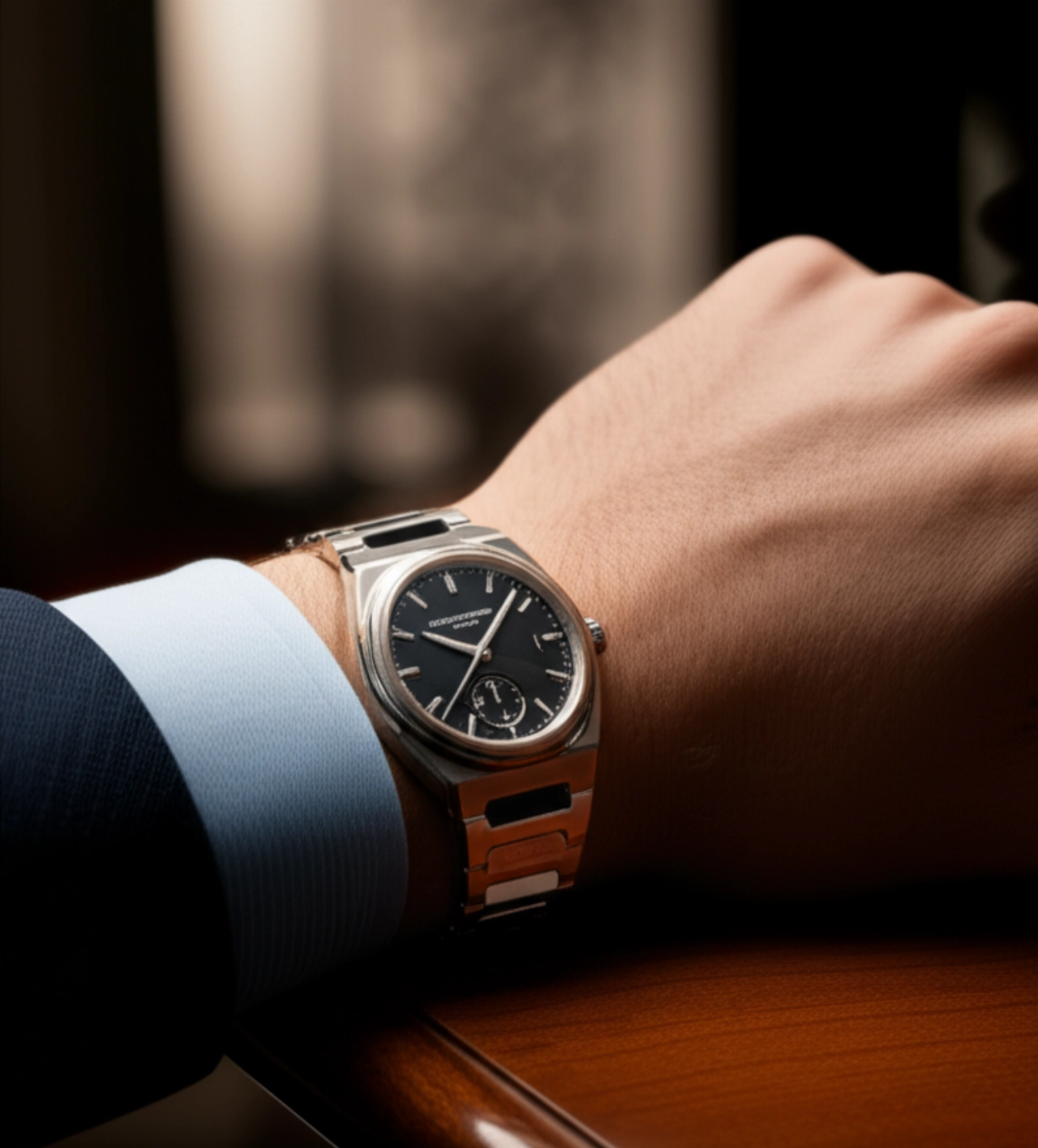 Polso di un uomo caucasico che indossa un orologio Christopher Ward The Twelve, appoggiato su una scrivania in legno, con luce naturale che ne esalta l'eleganza e la vestibilità.