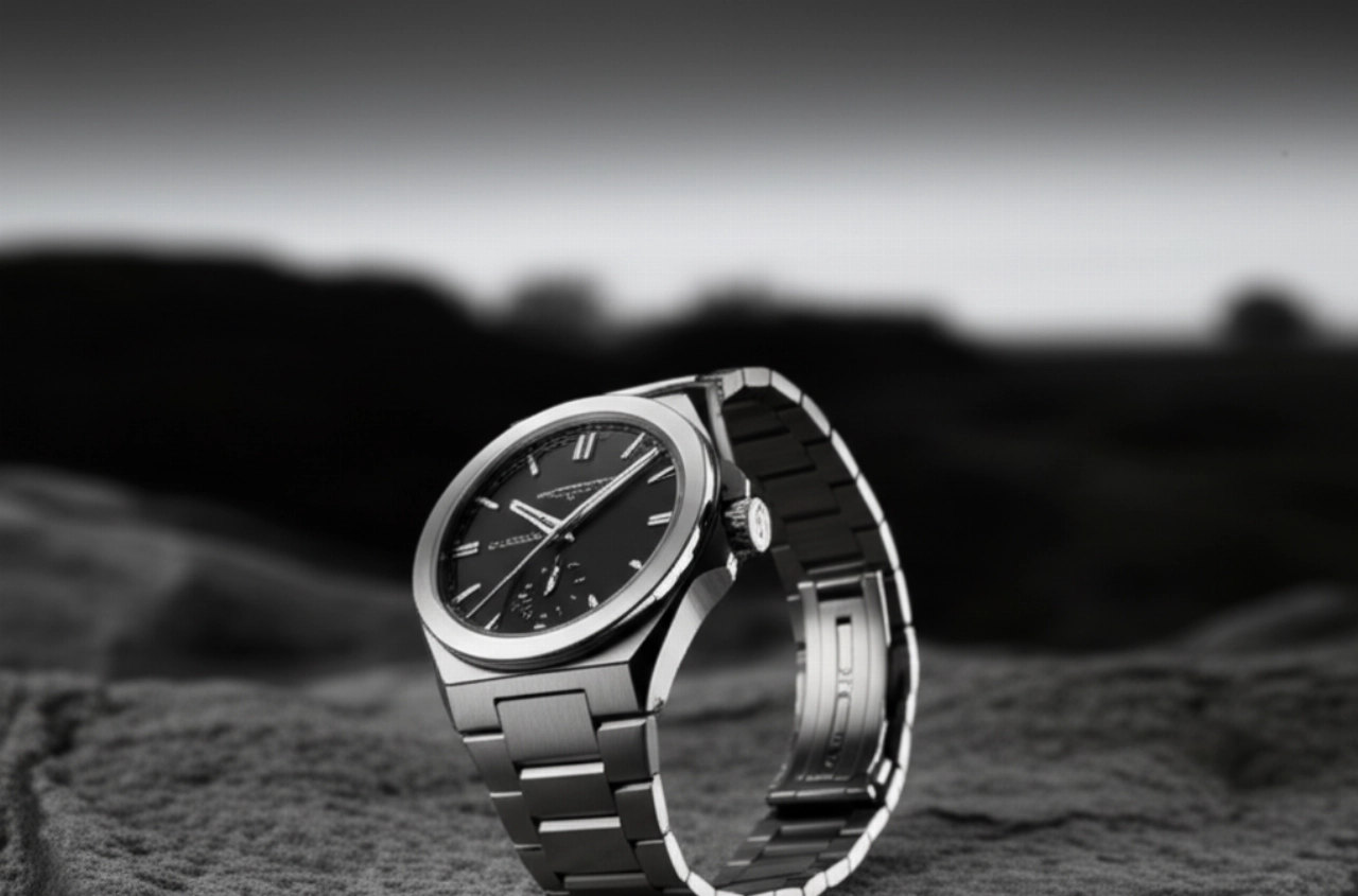 Orologio Christopher Ward The Twelve appoggiato su una pietra grigia all'aperto, illuminato da luce naturale diffusa, che ne evidenzia il design robusto ed elegante.