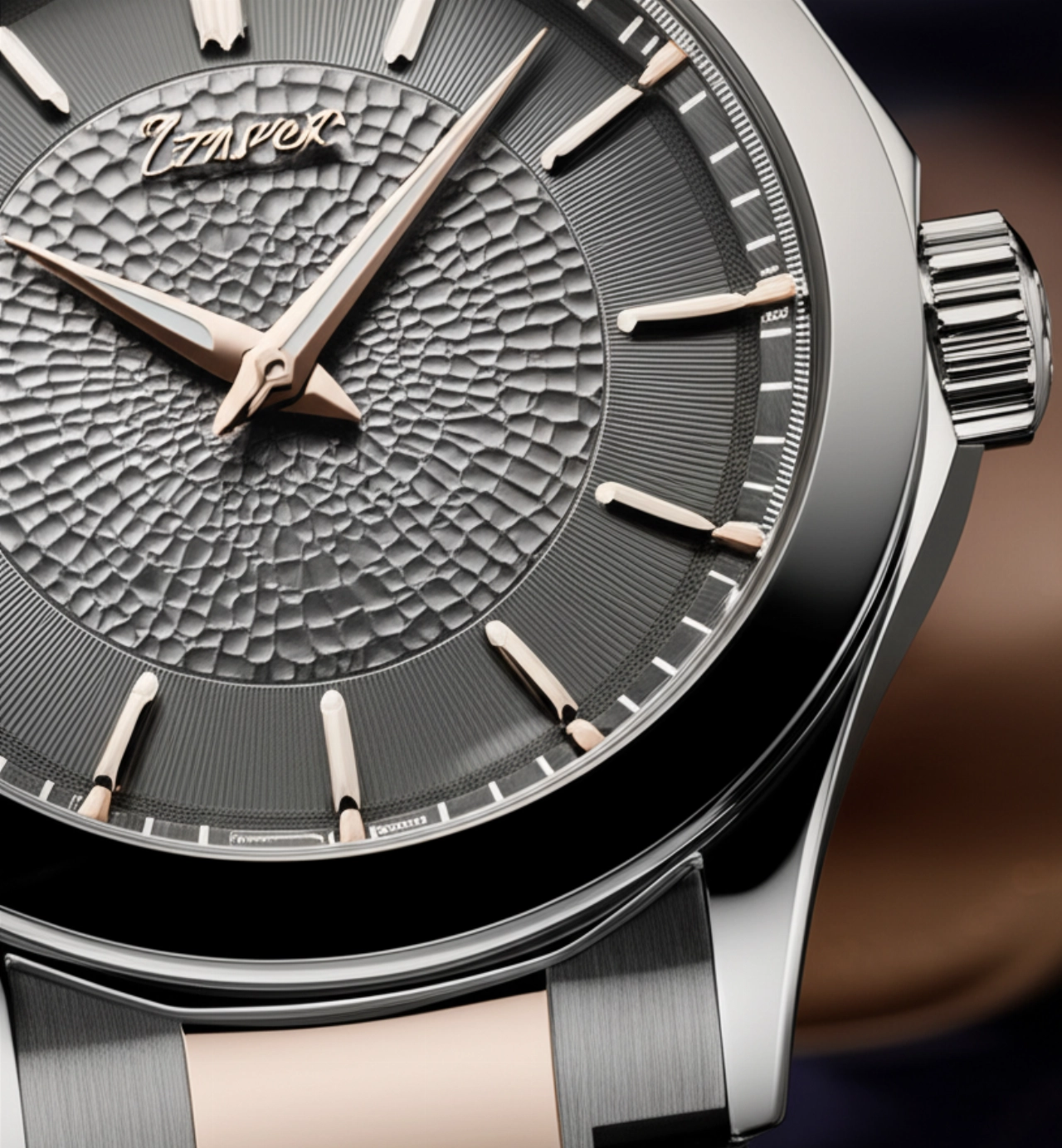 Un macro iperrealistico del quadrante e del bracciale integrato dell'orologio Czapek Antarctique, che mostra i dettagli della sua finitura.