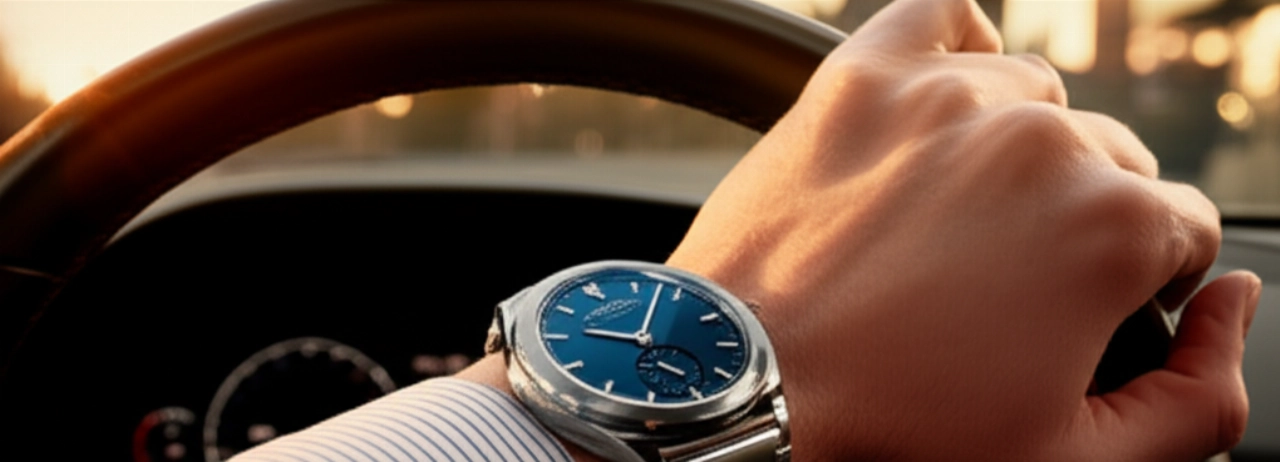 Immagine iperrealistica di un orologio H. Moser & Cie. Streamliner al polso, all'interno di un'auto di lusso al tramonto, con sfondo urbano sfocato.