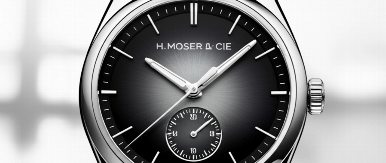 Dettaglio iperrealistico in macro di un orologio H. Moser & Cie. Streamliner, che evidenzia il quadrante fumé e le finiture del bracciale integrato.