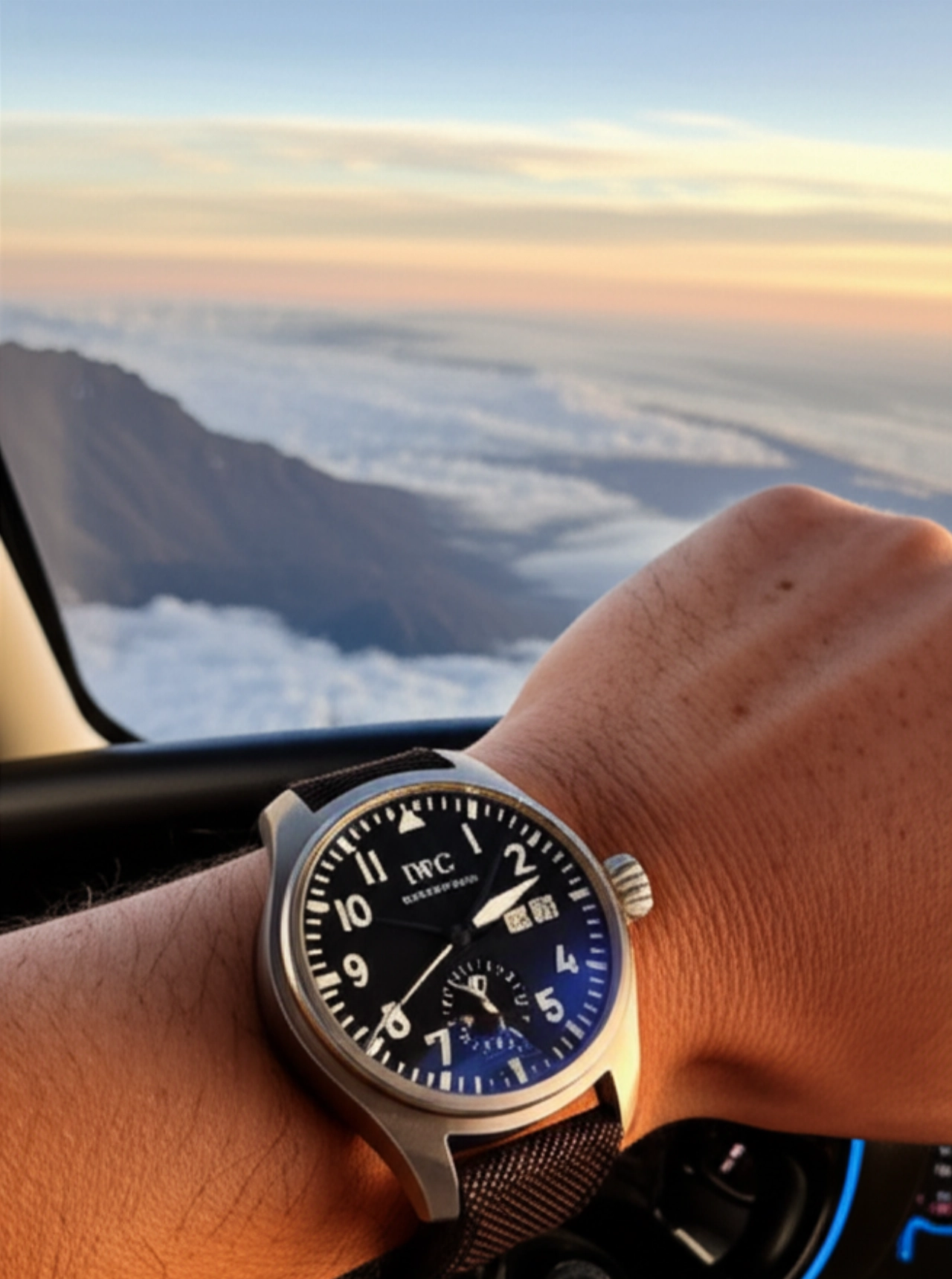 Un uomo caucasico indossa l'orologio IWC Big Pilot al polso all'interno di un cockpit di un jet privato, con una vista aerea mozzafiato.