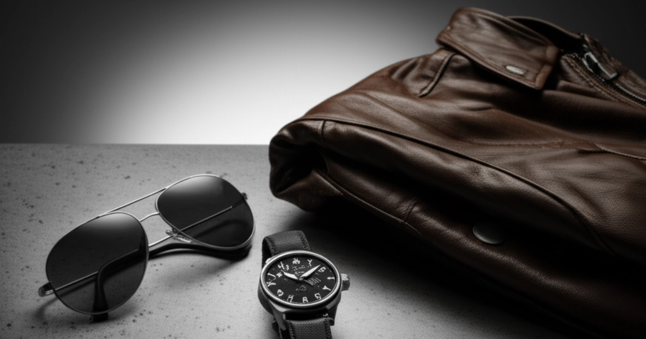 Un'immagine iperrealistica dell'orologio IWC Big Pilot accanto a occhiali da aviatore e una giacca di pelle, su una superficie di cemento.