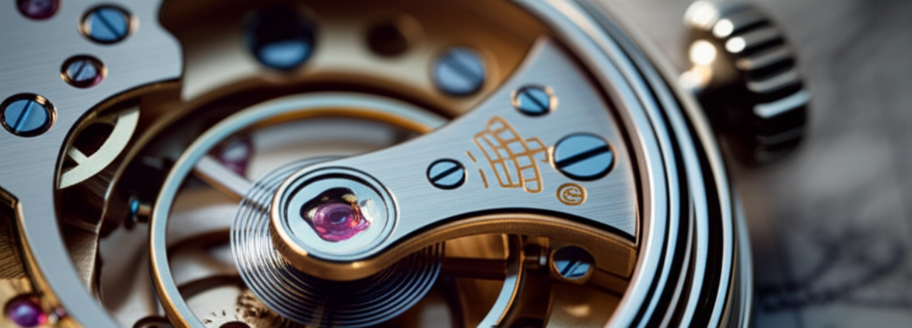 Dettaglio iperrealistico di un movimento meccanico di orologio con ingranaggi in ottone lucidato e rubini, che evidenzia la precisione e l'artigianato orologiero.