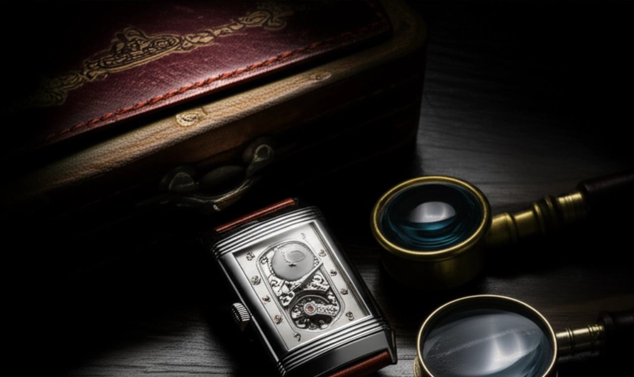 Un orologio di lusso rettangolare, aperto, su una superficie di legno scuro, con una lente d'ingrandimento e una scatola vintage, illuminato da un faretto.