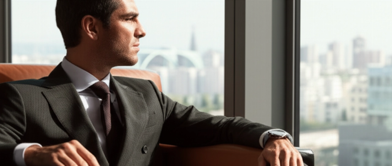 Uomo caucasico elegantemente vestito che indossa un orologio Laurent Ferrier Classic Micro-rotor al polso, seduto in un lussuoso lounge moderno con vista sulla città.