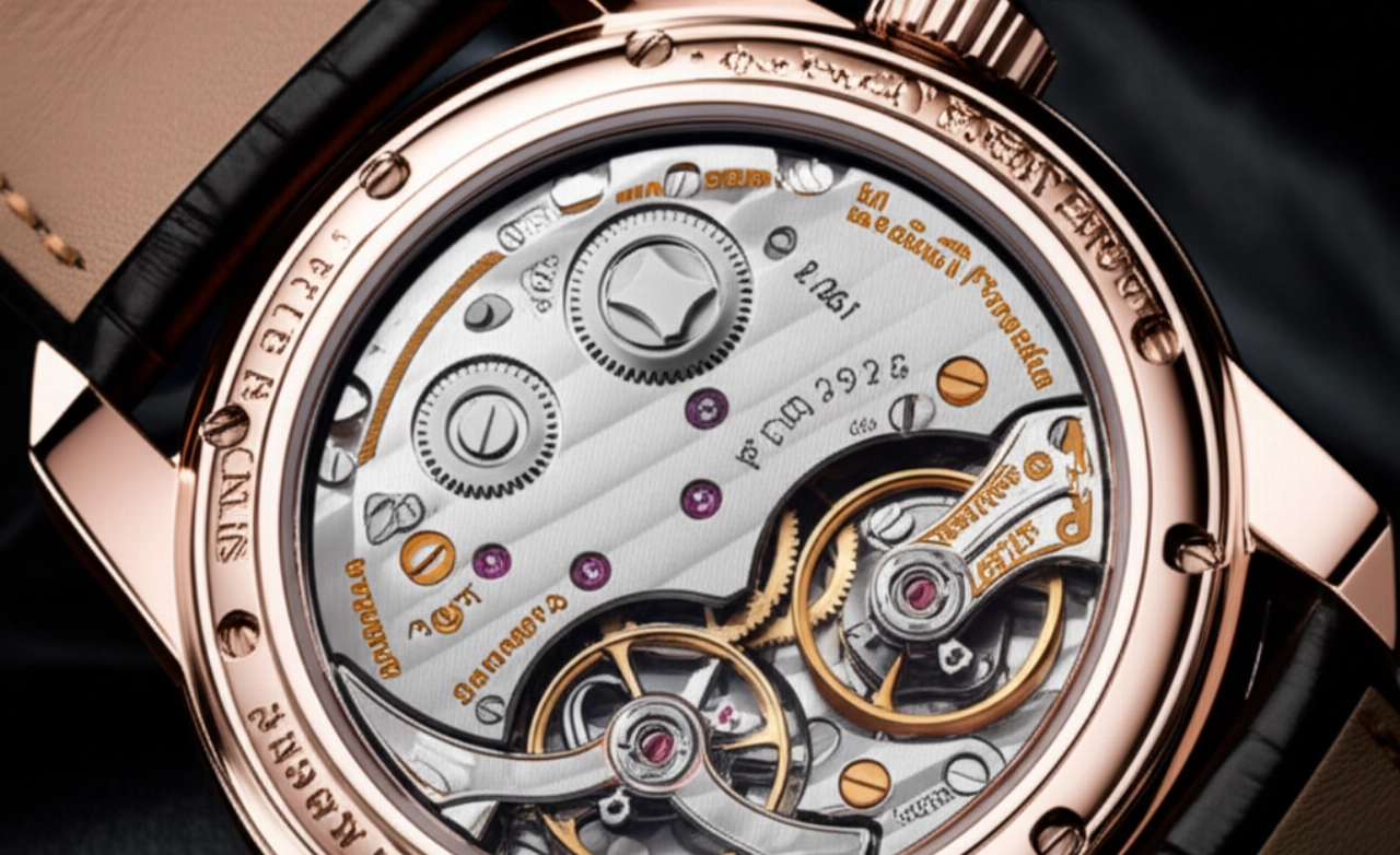 Macro iperrealistica del movimento meccanico di un orologio Laurent Ferrier Classic Micro-rotor, con il micro-rotore in primo piano e dettagli intricati dei componenti interni.