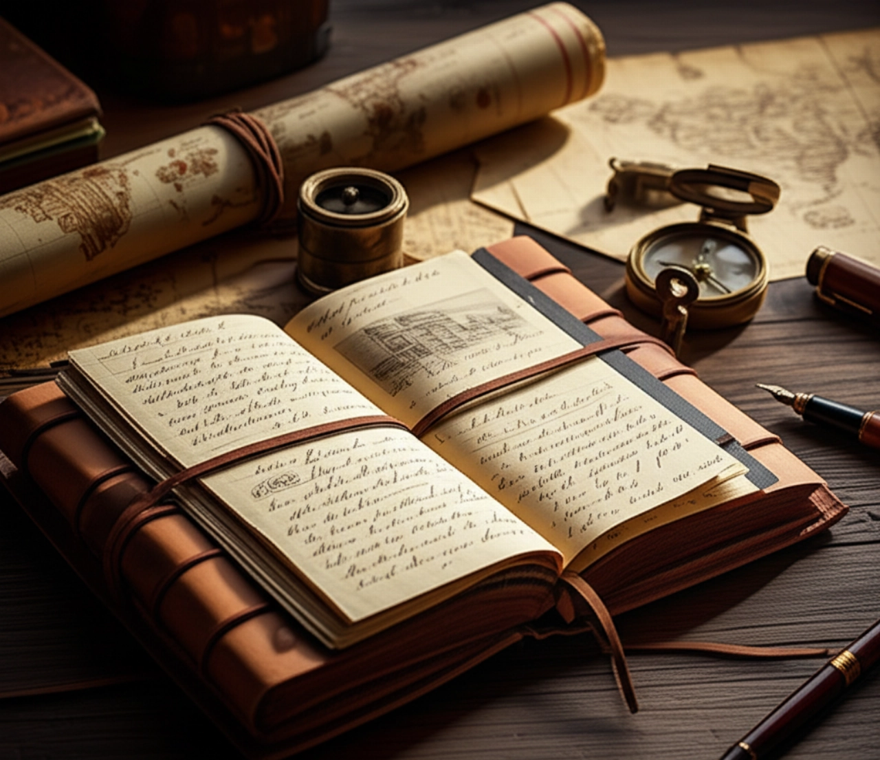 Un primo piano iperrealistico di una scrivania vintage con un diario di viaggio in pelle, mappe antiche e una bussola, illuminata da luce naturale.