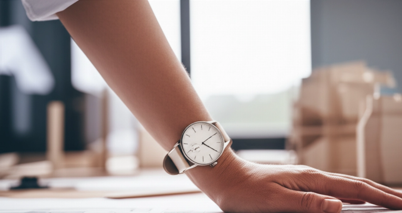 Polso di una persona caucasica che indossa un Nomos Tangente, in un ambiente di lavoro moderno e luminoso, con uno sfondo sfocato.
