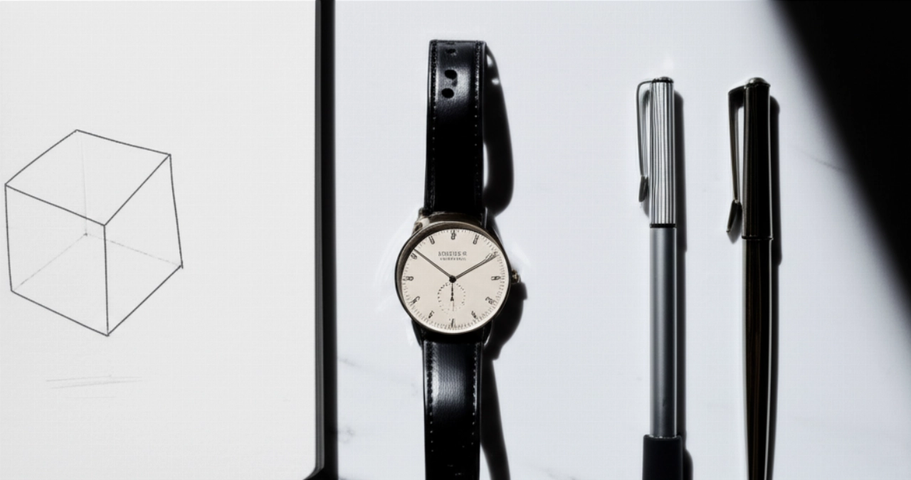 Composizione iperrealistica con un orologio Nomos Tangente, un taccuino e una penna su una scrivania minimalista, con luce naturale.