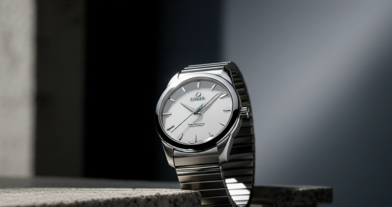 Scatto artistico e iperrealistico di un orologio Omega De Ville su un piedistallo di pietra, con un gioco drammatico di luci e ombre.