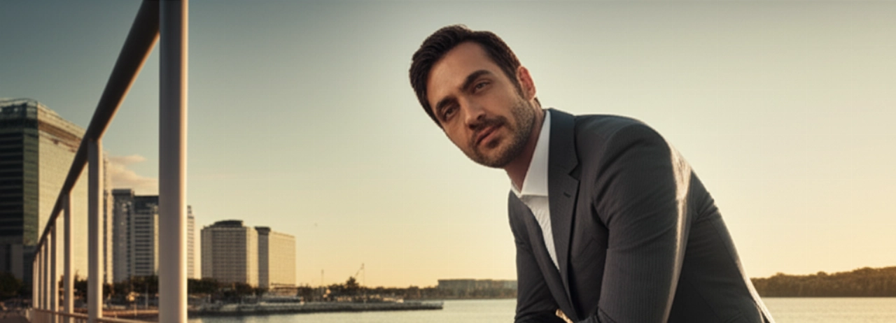 Uomo caucasico elegante con un Omega Seamaster Aqua Terra al polso, che osserva un paesaggio urbano acquatico al tramonto, in un'immagine iperrealistica.