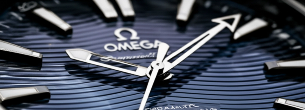 Dettaglio iperrealistico e artistico del quadrante blu e delle lancette di un Omega Seamaster Aqua Terra, con riflessi di luce e una superficie astratta che evoca l'acqua.