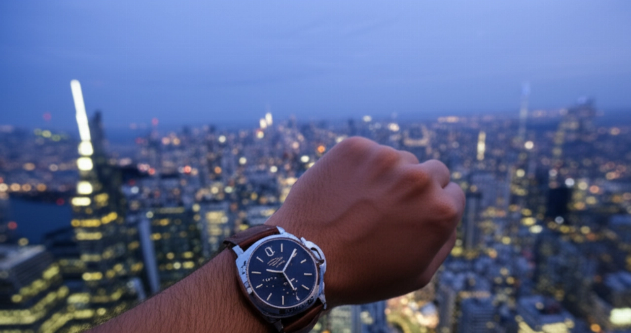 Scatto ultra-fotorealistico di un orologio Panerai Luminor Marina al polso di un uomo caucasico, affacciato su uno skyline urbano al tramonto da un balcone di un grattacielo.
