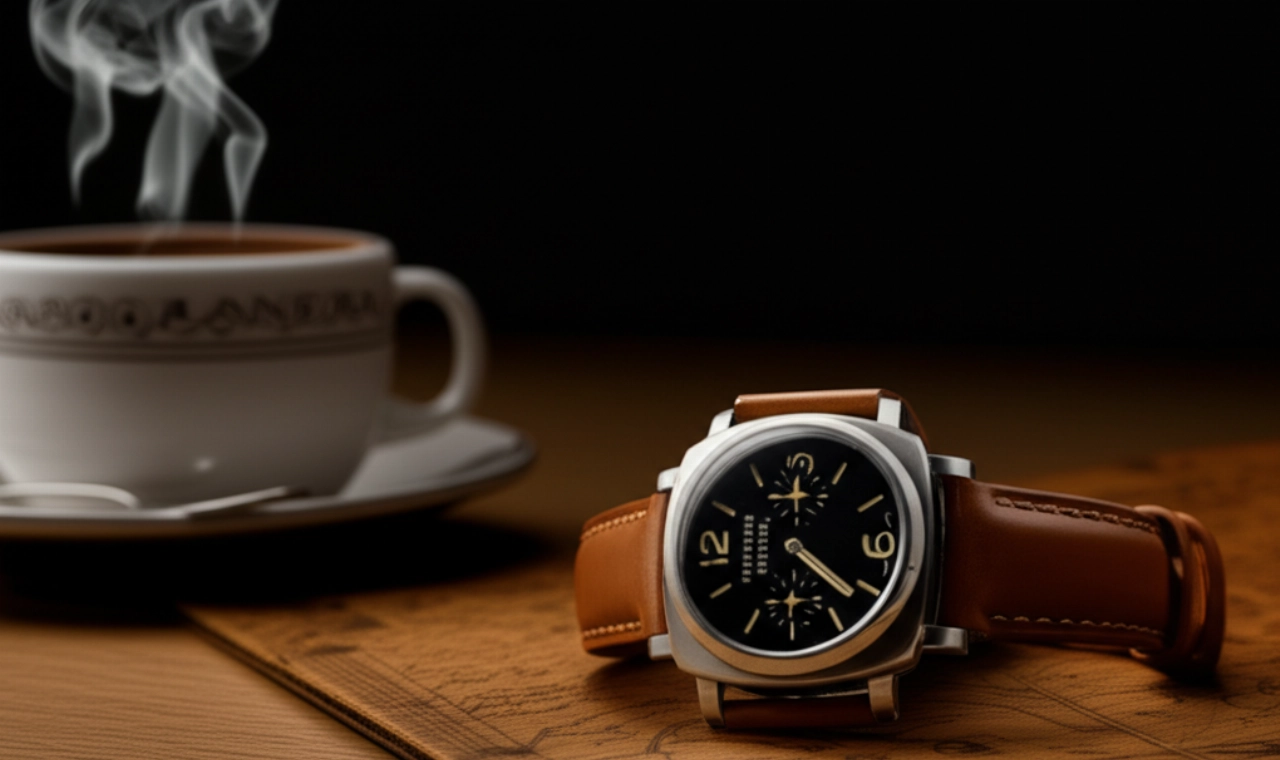 Fotografia iperrealistica di un orologio Panerai Luminor Marina su una mappa di pelle vintage, con una tazza di caffè sfocata sullo sfondo.