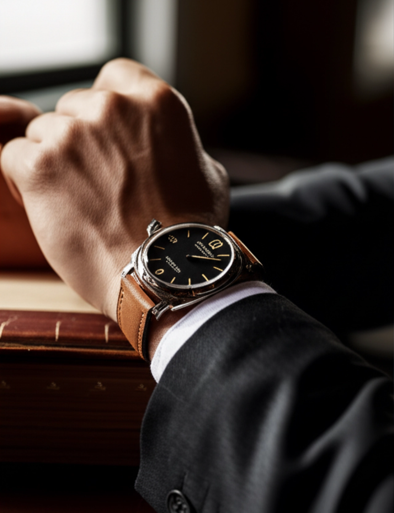 Polso di un uomo caucasico che indossa un orologio di lusso con cinturino in pelle, appoggiato su un libro in un ambiente d'ufficio classico.