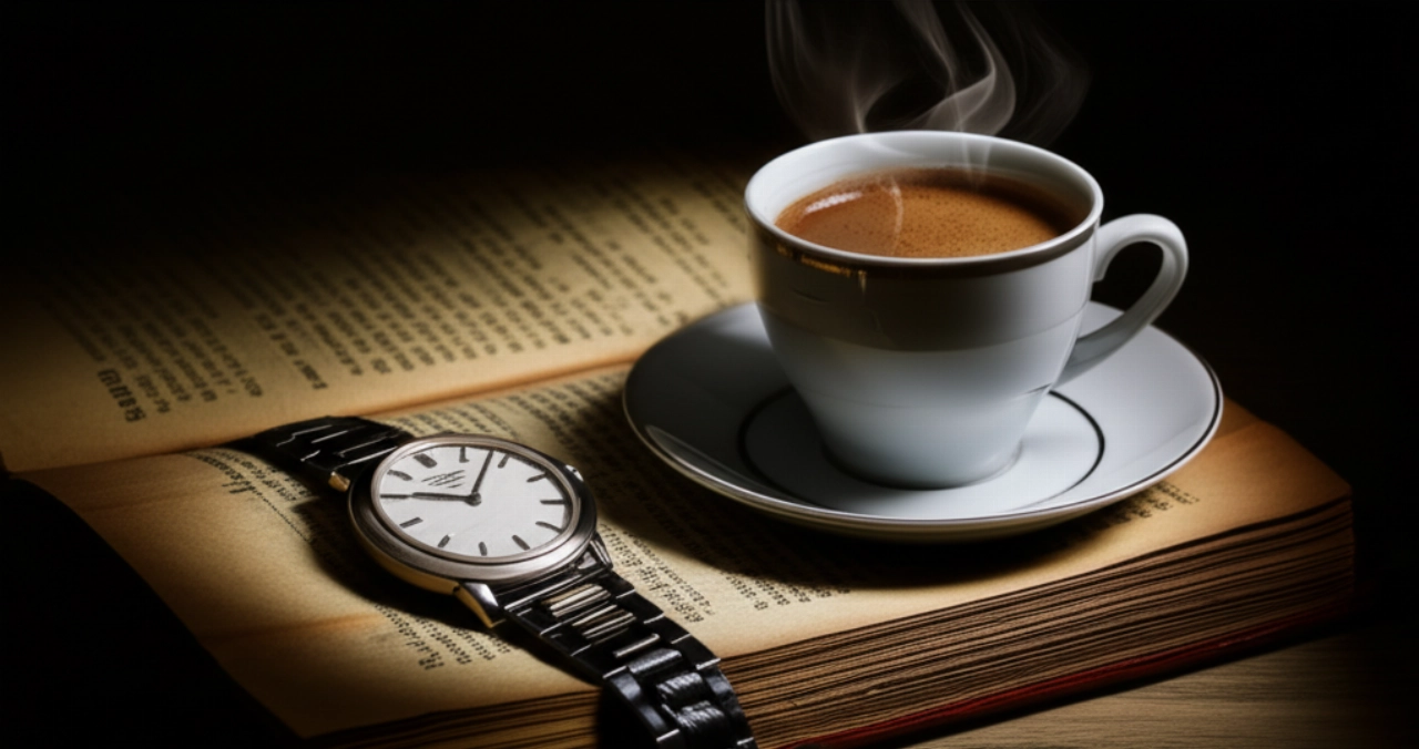 Composizione iperrealistica con un orologio Patek Philippe Calatrava su un libro antico aperto, accanto a una tazza di caffè, con illuminazione chiaroscurale che evoca lusso.