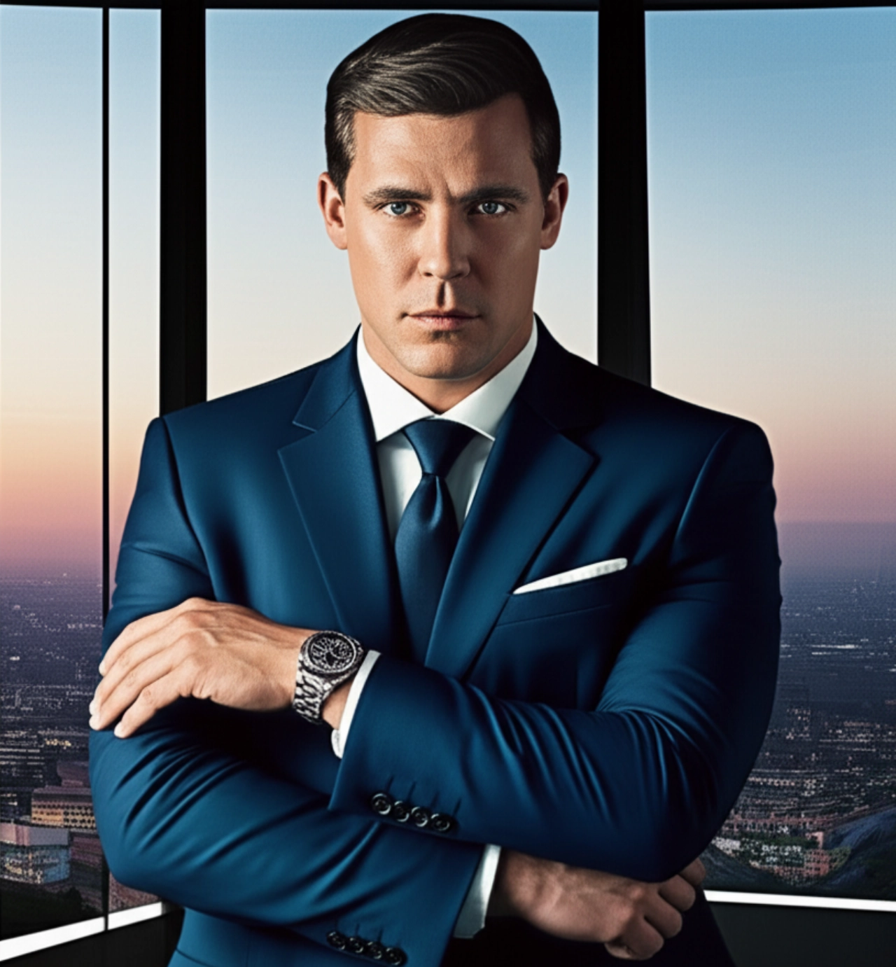 Uomo caucasico in abito elegante che mostra un Rolex GMT-Master II 'Batman' (126710BLNR) al polso, sullo sfondo di un ufficio moderno con vista sulla città al tramonto.