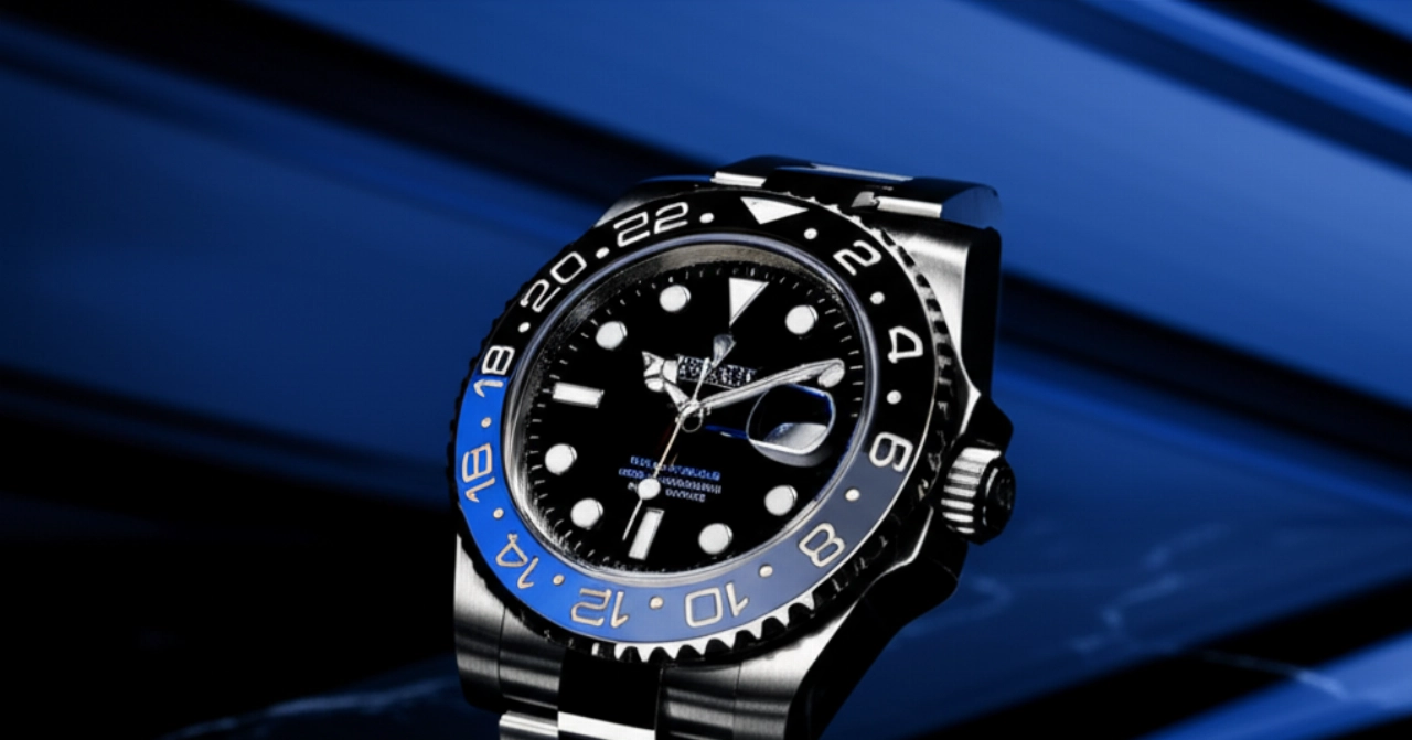 Dettaglio iperrealistico di un Rolex GMT-Master II 'Batman' (126710BLNR) su una superficie di marmo scuro, con luci e ombre drammatiche che esaltano la lunetta nera e blu.