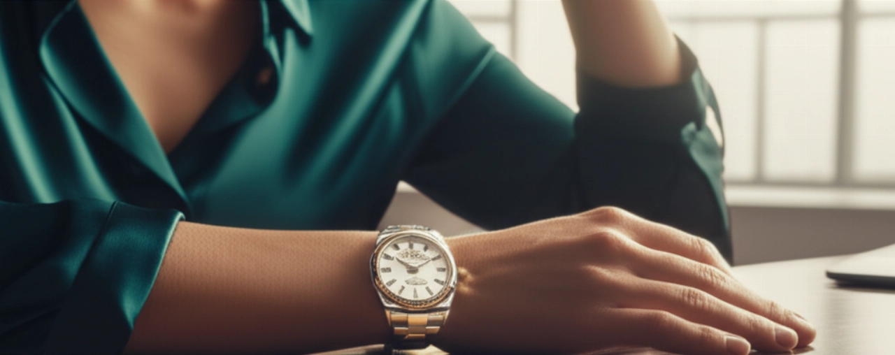 Un'immagine iperrealistica di una donna caucasica che indossa un Rolex Datejust 41, con la mano appoggiata su una scrivania, in un ambiente d'ufficio moderno e luminoso, che enfatizza lo stile di vita elegante.