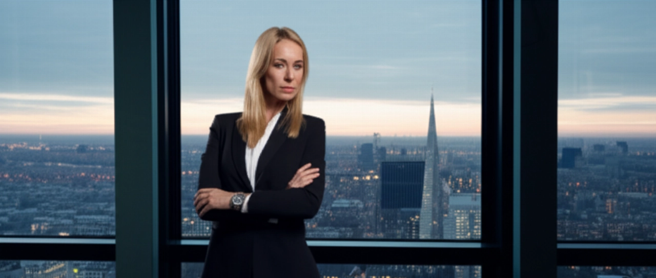 Donna caucasica elegante con un Rolex Oyster Perpetual al polso, in piedi di fronte a una finestra con vista su uno skyline urbano al tramonto, che evoca un senso di successo e raffinatezza.