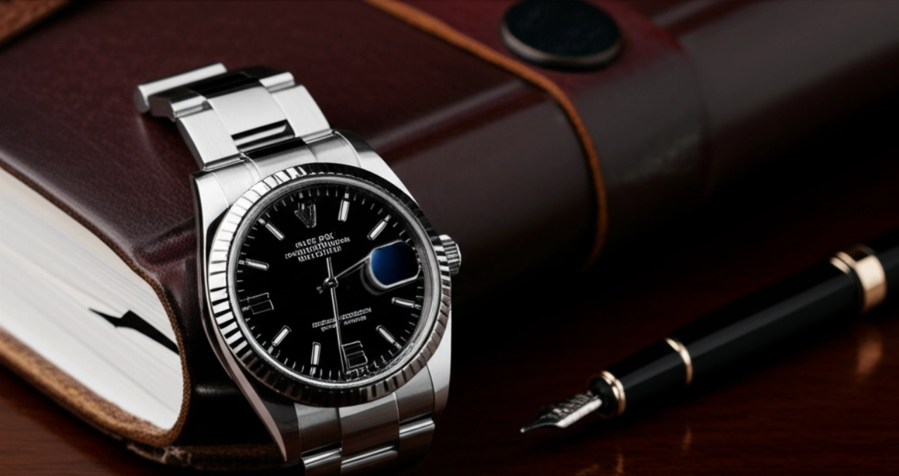 Orologio Rolex Oyster Perpetual con quadrante nero posizionato su una superficie di legno scuro lucido, affiancato da un diario in pelle e una penna stilografica, che simboleggia precisione e tradizione.