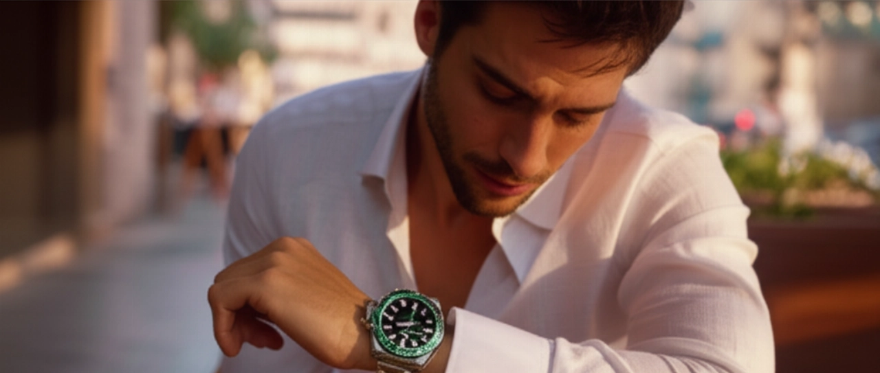 Uomo caucasico elegante seduto in un caffè all'aperto, che controlla l'ora al polso, dove è visibile un Rolex Submariner 126610LV "Starbucks", con luce naturale al tramonto.