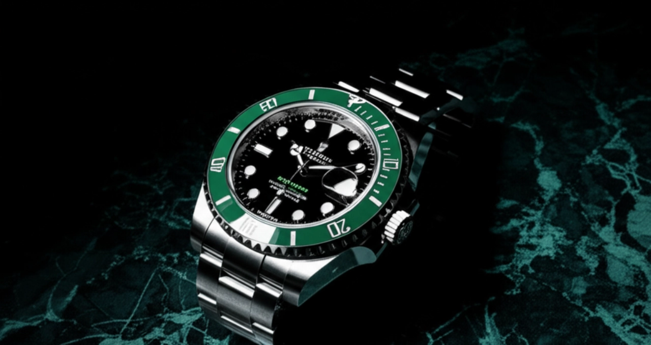 Scatto artistico e iperrealistico di un orologio Rolex Submariner 126610LV "Starbucks" su una superficie di marmo nero e verde, con illuminazione drammatica che ne esalta le forme e i riflessi.
