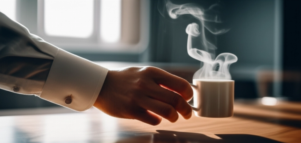 Immagine iperrealistica di un braccio maschile caucasico elegantemente vestito, che si estende verso una tazza di caffè su una scrivania lucida, in un ambiente di lusso tranquillo.