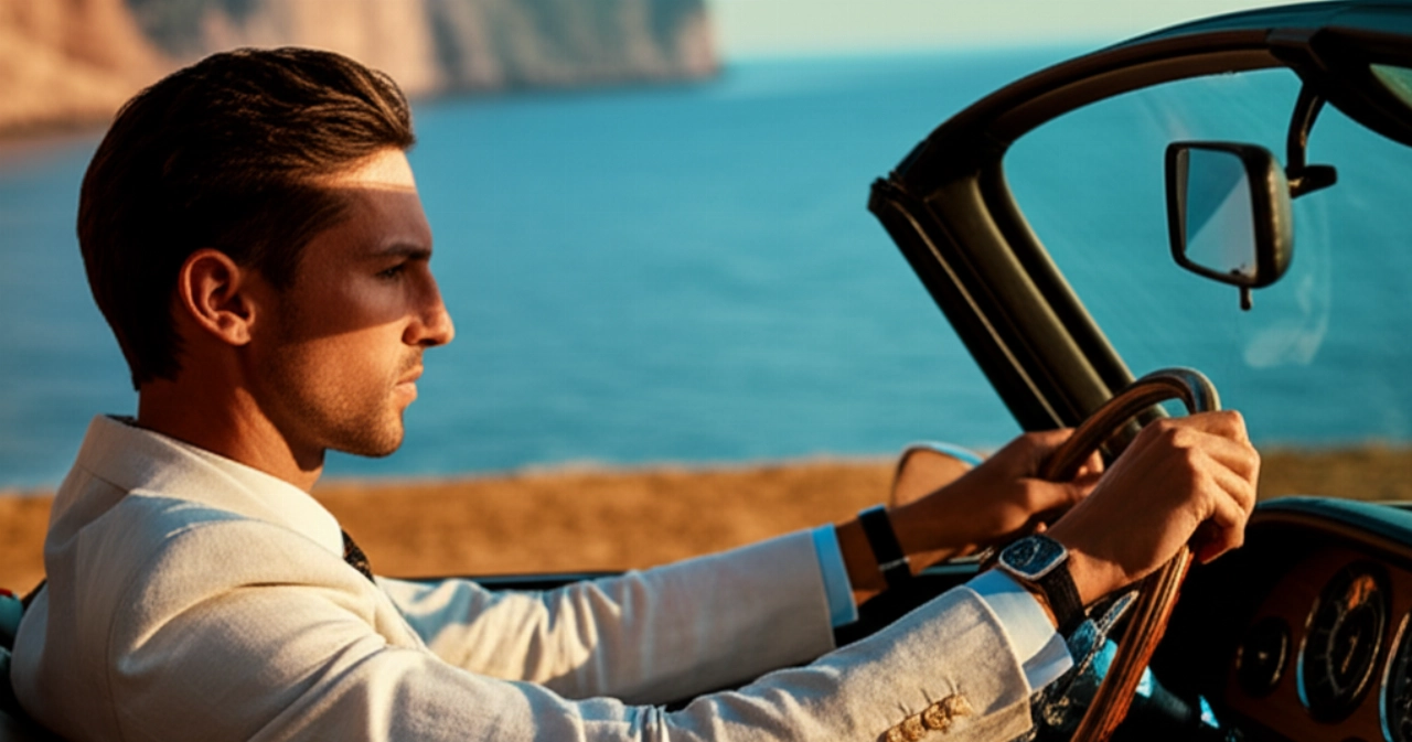 Immagine iperrealistica di un uomo caucasico elegante alla guida di un'auto d'epoca lungo una strada costiera al tramonto, con un orologio discreto al polso.